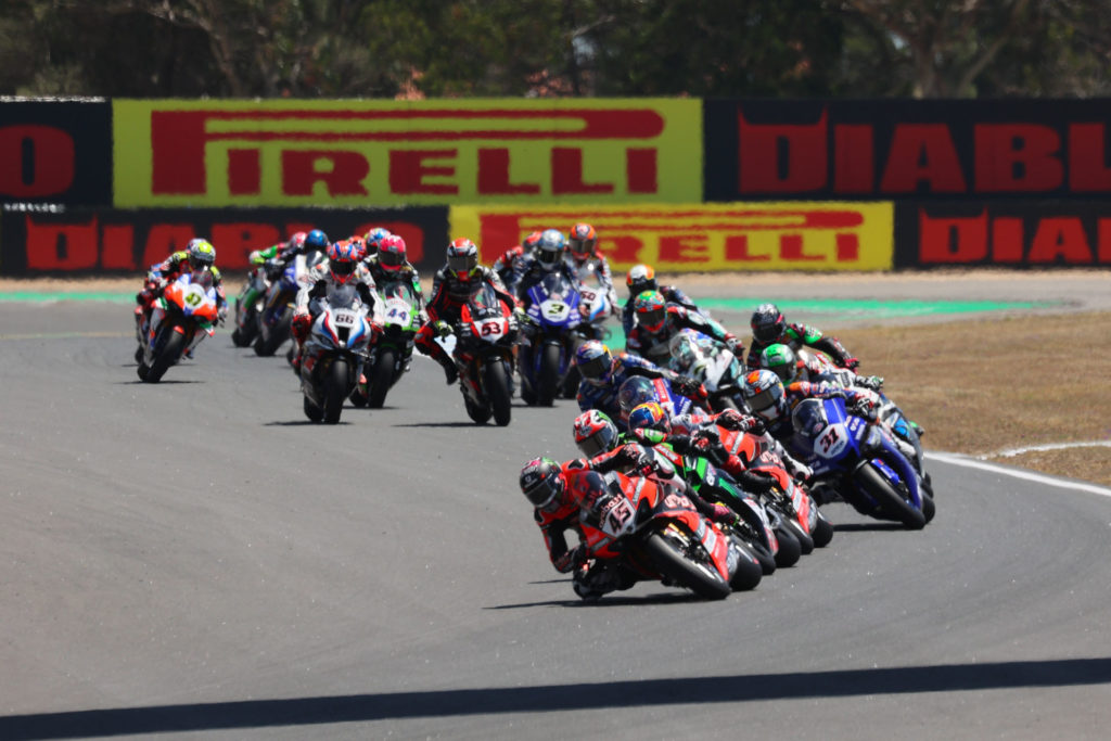 Scott Redding (45) leads the start of World Superbike Race Two at Estoril. Photo courtesy Dorna.