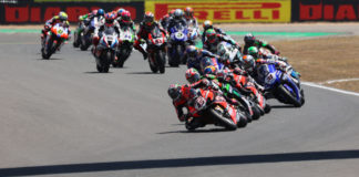 Scott Redding (45) leads the start of World Superbike Race Two at Estoril. Photo courtesy Dorna.