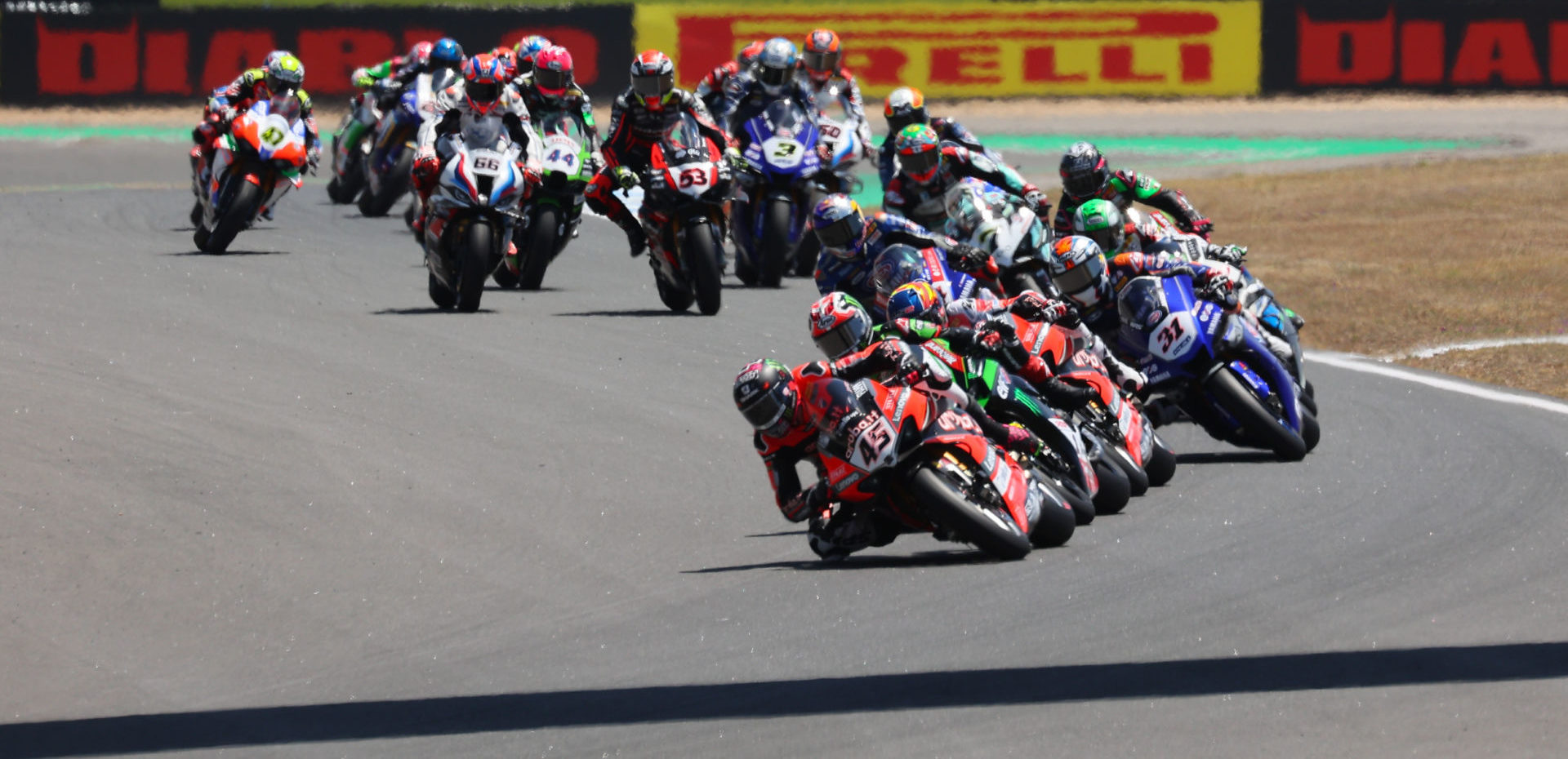 Scott Redding (45) leads the start of World Superbike Race Two at Estoril. Photo courtesy Dorna.