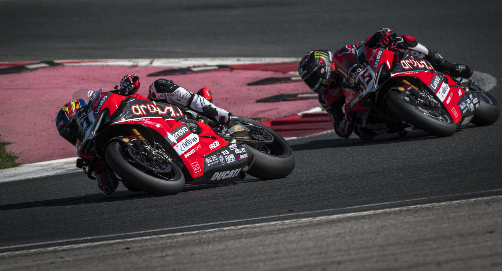 Michael Ruben Rinaldi (21) leads Scott Redding (45) during testing at the Navarra Circuit, in Spain. Photo courtesy Aruba.it Racing Ducati.