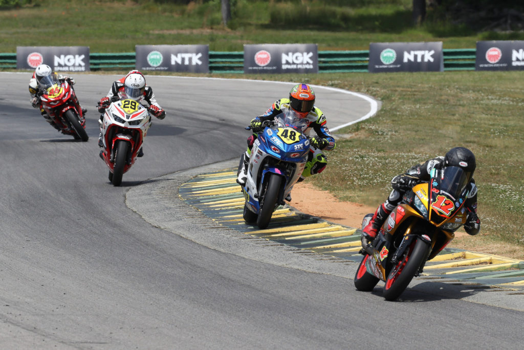 Jack Roach (12), Max VanDenBrouck (48), David Kohlstaedt (29), and Gus Rodio (96) on track. Photo by Brian J. Nelson, courtesy Westby Racing.