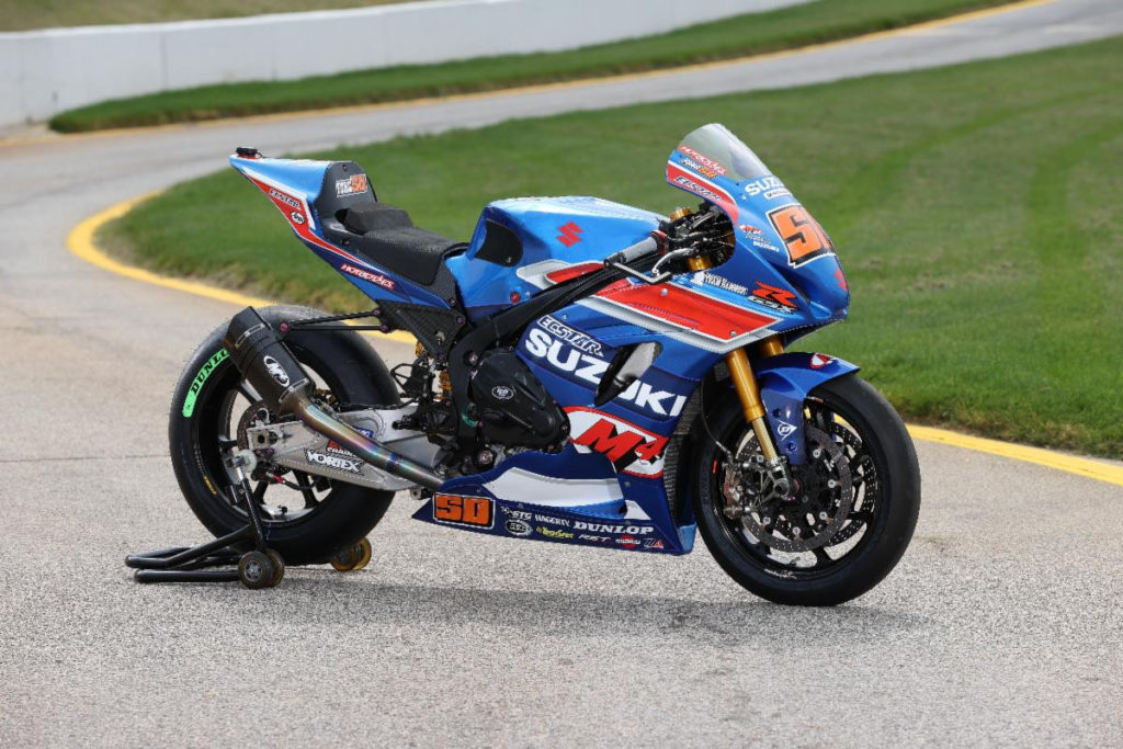 Bobby Fong's Team Hammer-built M4 ECSTAR Suzuki GSX-R1000 Superbike fitted with R&G products. Photo By Brian J Nelson.