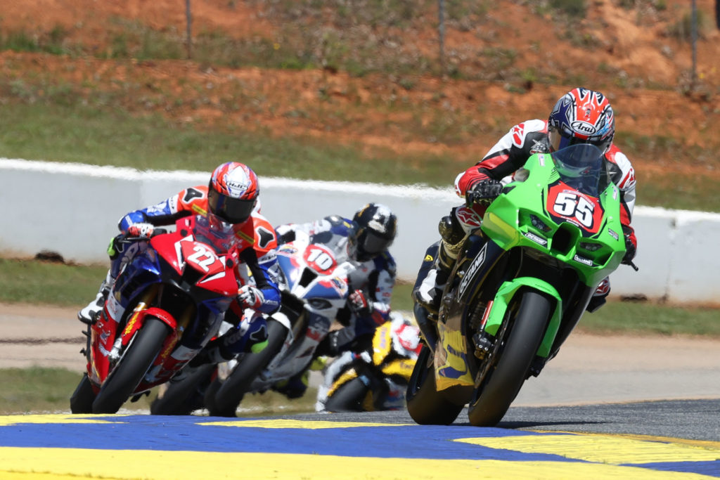 Michael Gilbert (55) leads Ashton Yates (22) and Travis Wyman (10) during Stock 1000 Race One at Road Atlanta. Photo by Brian J. Nelson, courtesy MotoAmerica.