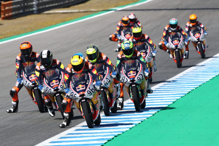 David Holgado (96) leads Red Bull MotoGP Rookies Cup Race One. Photo courtesy Red Bull. David Holgado (96) leads Red Bull MotoGP Rookies Cup Race One. Photo courtesy Red Bull.