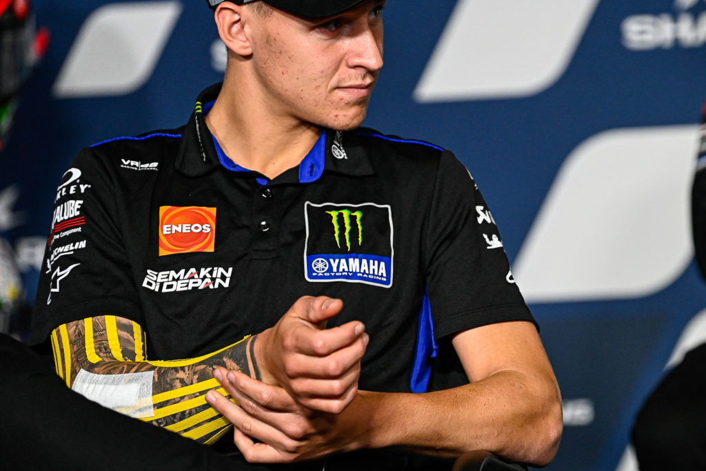 Fabio Quartararo with a bandage on his right forearm following recent arm pump surgery. Photo courtesy Dorna.