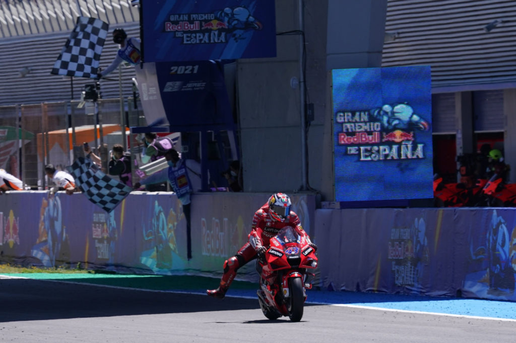 Jack Miller (43) takes the checkered flag at Jerez. Photo courtesy Dorna.