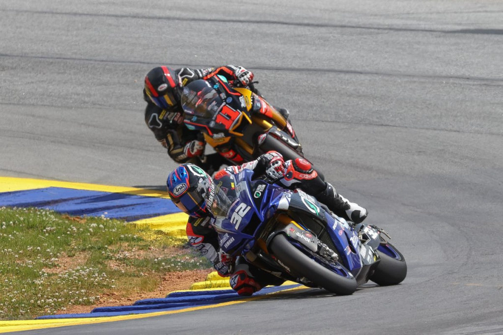 Jake Gagne (32) leads Mathew Scholtz (11) during Superbike Race Two at Road Atlanta. Photo by Brian J. Nelson, courtesy MotoAmerica.