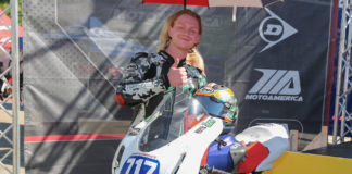Jody Barry in victory circle after finishing second in MotoAmerica Twins Cup Race One at Road Atlanta. Photo by Brian J. Nelson.