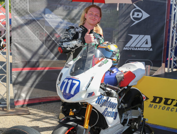 Jody Barry in victory circle after finishing second in MotoAmerica Twins Cup Race One at Road Atlanta. Photo by Brian J. Nelson. Jody Barry in victory circle after finishing second in MotoAmerica Twins Cup Race One at Road Atlanta. Photo by Brian J. Nelson.