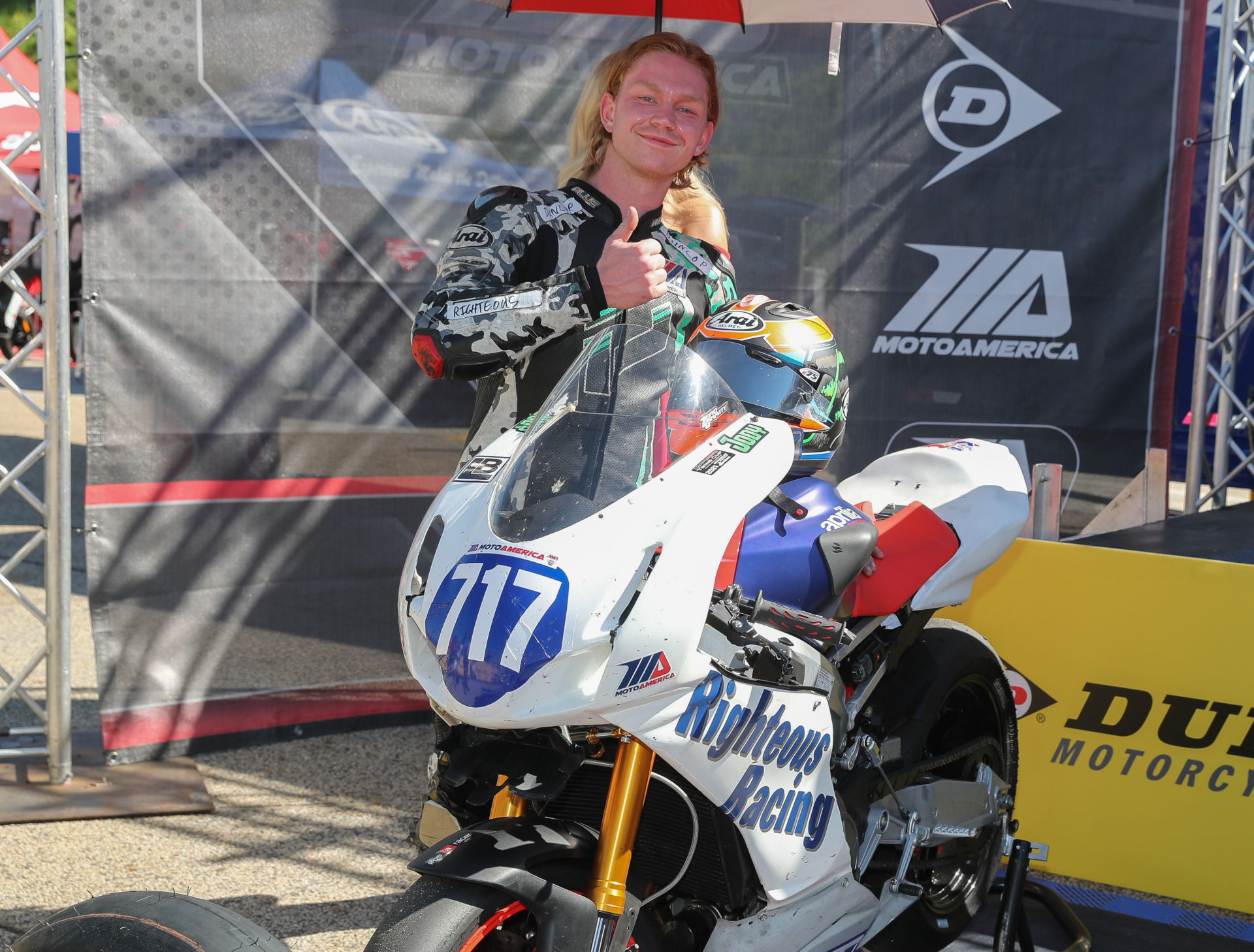 Jody Barry in victory circle after finishing second in MotoAmerica Twins Cup Race One at Road Atlanta. Photo by Brian J. Nelson.