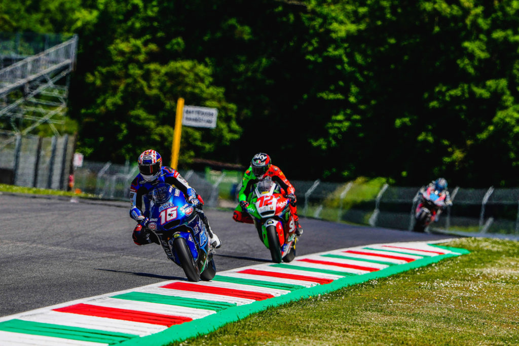 Joe Roberts (16) leading Marco Bezzecchi (72) at Mugello. Photo courtesy Italtrans Racing.