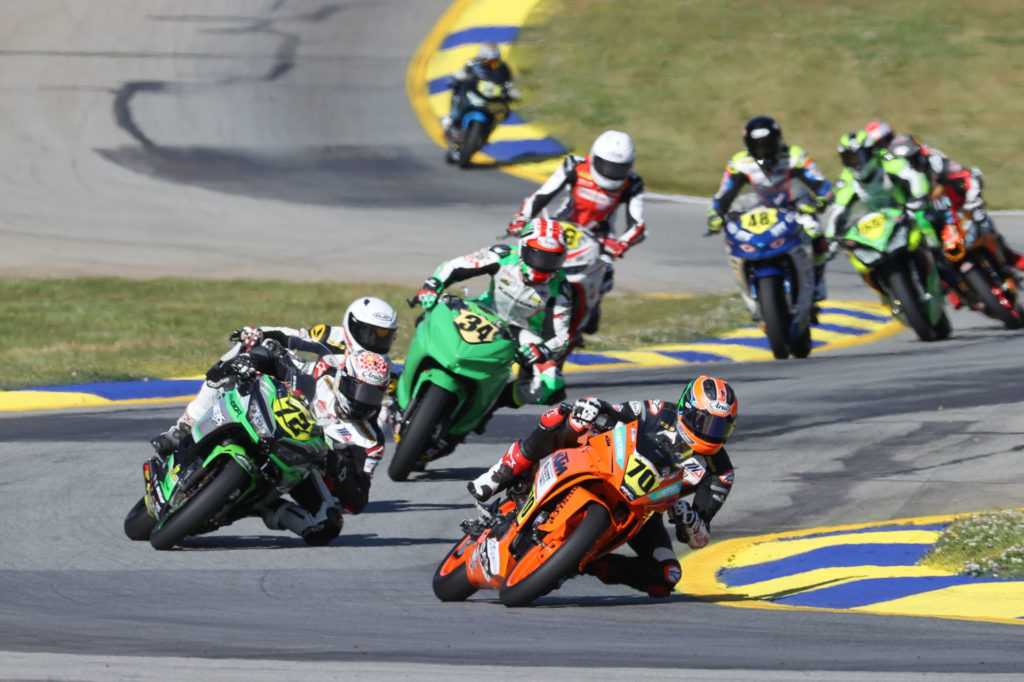 Tyler Scott (70) leads Ben Gloddy (72), Cody Wyman (34) and the rest of the Junior Cup field at Road Atlanta. Photo by Brian J. Nelson, courtesy MotoAmerica.