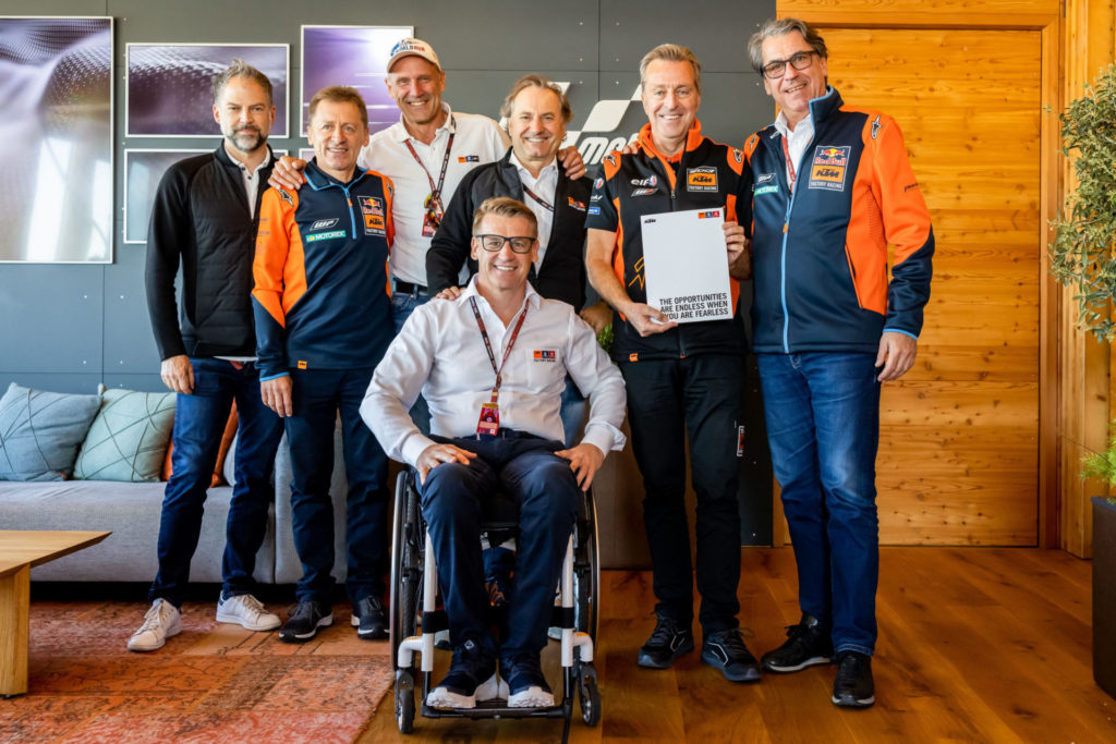 (From left) Jens Hainbach, Mike Leitner, Heinz Kinigadner, Pit Beirer, Hubert Trunkenpolz, Hervé Poncharal and Stefan Pierer. Photo courtesy KTM Factory Racing.