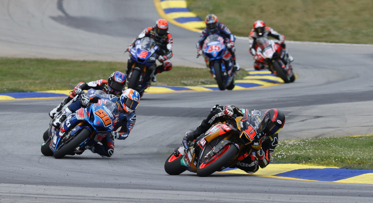 Mathew Scholtz (11) leads Bobby Fong (50), Jake Gagne, Josh Herrin (2), Cameron Petersen (45), and Loris Baz (76) at Road Atlanta. Photo by Brian J. Nelson, courtesy Westby Racing.