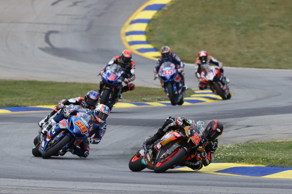 Mathew Scholtz (11) leads Bobby Fong (50), Jake Gagne, Josh Herrin (2), Cameron Petersen (45), and Loris Baz (76) at Road Atlanta. Photo by Brian J. Nelson, courtesy Westby Racing.