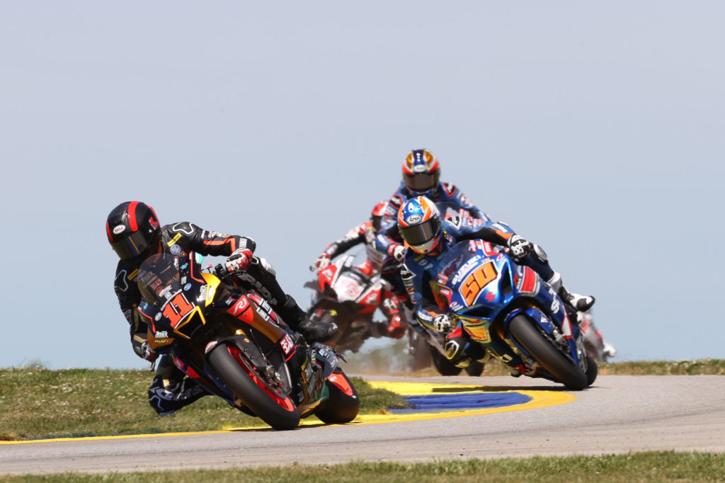 Mathew Scholtz (11) leads Bobby Fong (50) in MotoAmerica HONOS Superbike Race One at Road Atlanta. Photo by Brian J. Nelson, courtesy MotoAmerica.