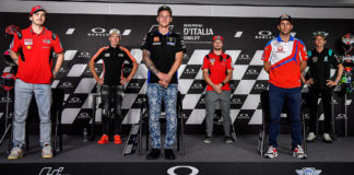 MotoGP riders (from left) Francesco Bagnaia, Aleix Espargaro, Fabio Quartararo, Jack Miller, Johann Zarco, and Valentino Rossi at the pre-event press conference at Mugello. Photo courtesy Dorna.