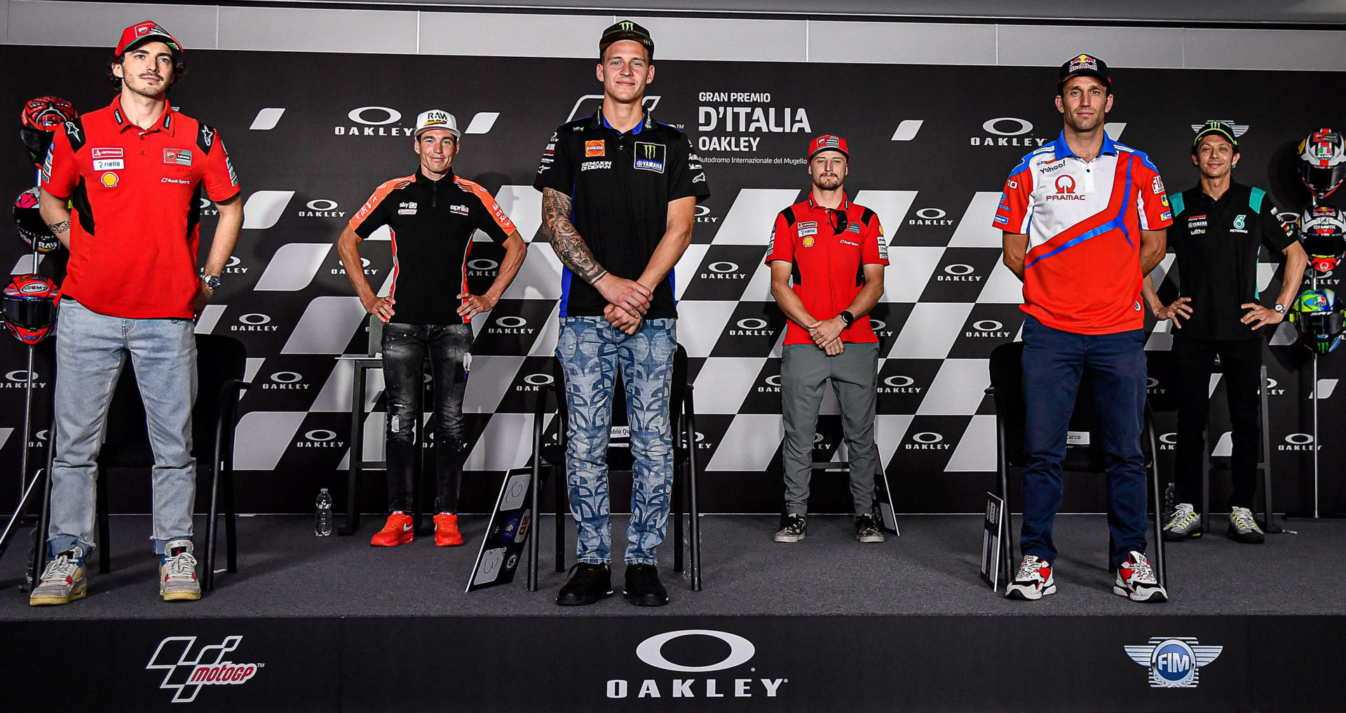 MotoGP riders (from left) Francesco Bagnaia, Aleix Espargaro, Fabio Quartararo, Jack Miller, Johann Zarco, and Valentino Rossi at the pre-event press conference at Mugello. Photo courtesy Dorna.