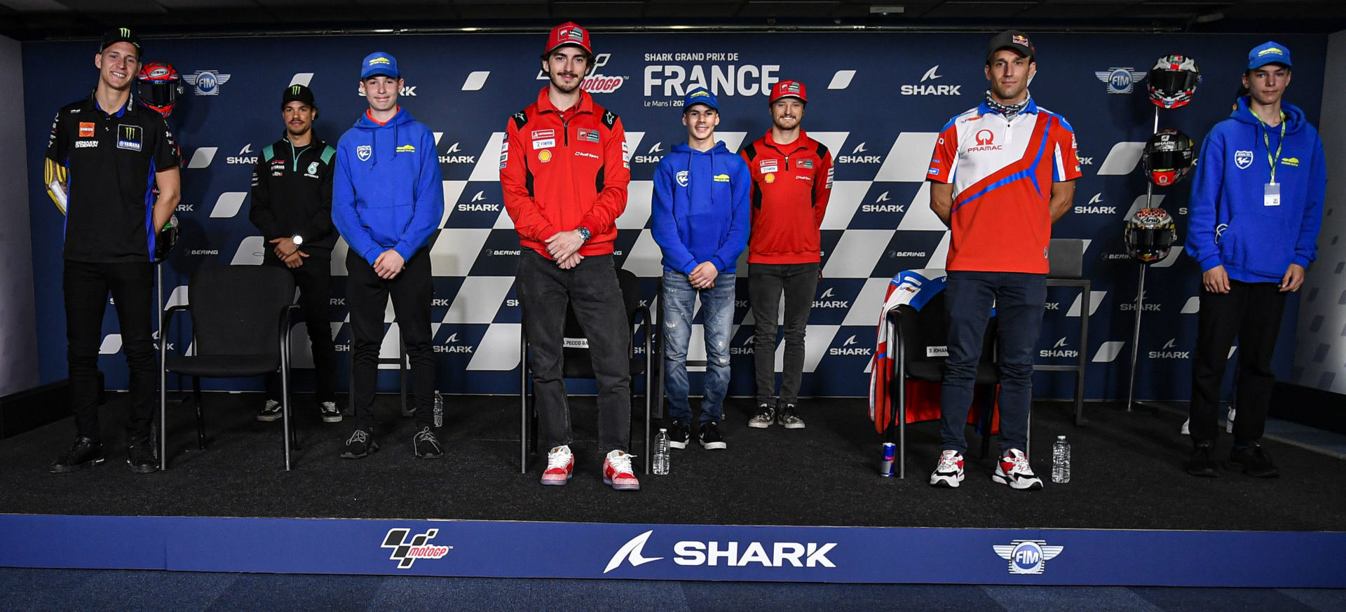 MotoGP World Championship stars and Northern Talent Cup competitors (from left) Fabio Quartararo, Franco Morbidelli, Hungarian-American Rossi Moor, Francesco Bagnaia, Belgian Lorenz Luciano, Jack Miller, Johann Zarco, and Czech Jakub Gurecky at the pre-event press conference at Le Mans. Photo courtesy Dorna.