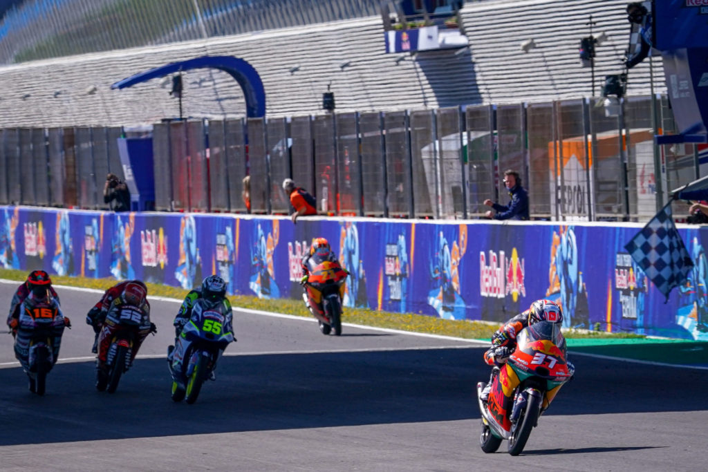 Pedro Acosta (37) taking the victory in Moto3. Photo courtesy Dorna.