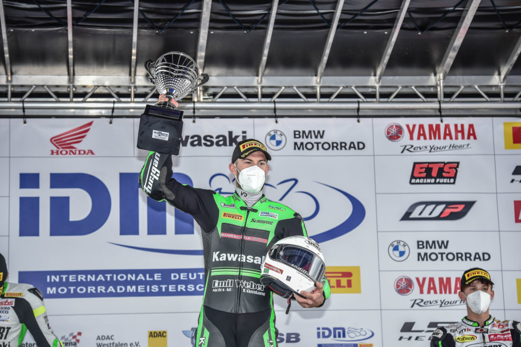 Valentin Debise on the podium at Oschersleben. Photo courtesy of Kawasaki Germany.