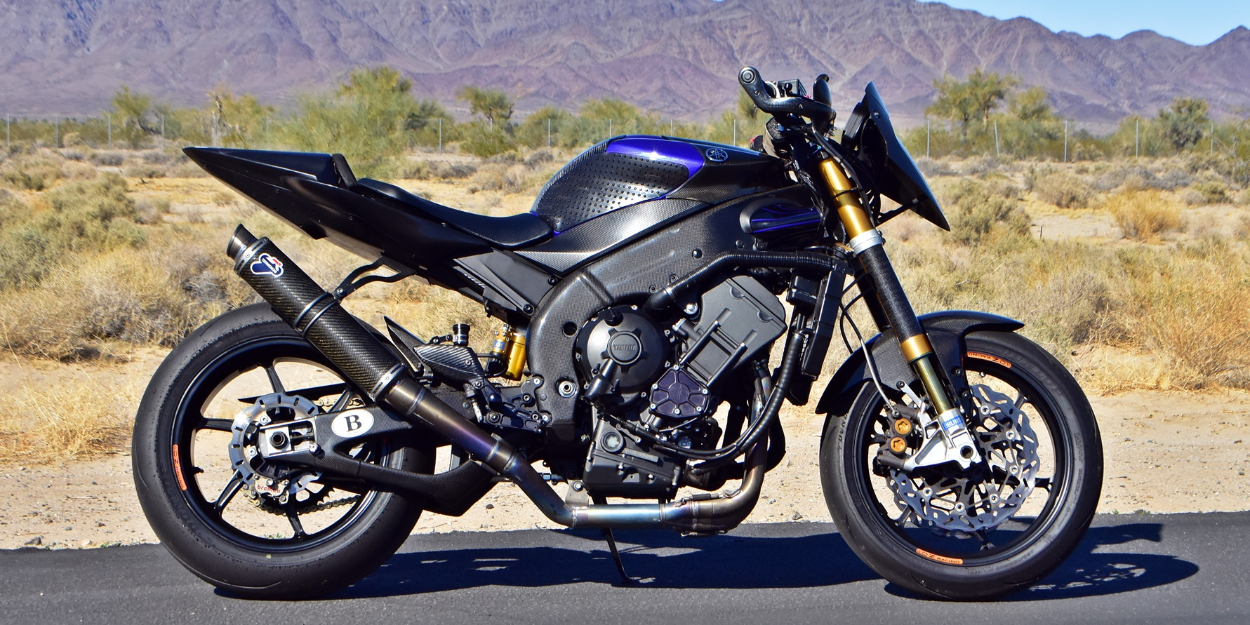 With the full fairing removed, the Termignoni exhaust is the dominant visual feature of Geoff Cesmat's 2006 Yamaha YZF-R1 streetfighter. Photo by Michael Gougis.