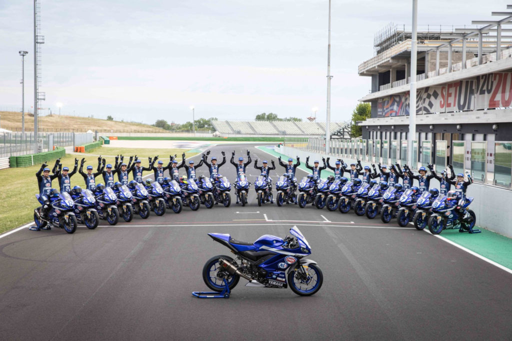 Yamaha R3 bLU cRU European Cup participants with American Kayla Yaakov at the far right. Photo courtesy Yamaha Racing.