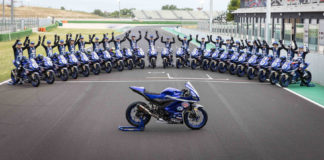 Yamaha R3 bLU cRU European Cup participants with American Kayla Yaakov at the far right. Photo courtesy Yamaha Racing.