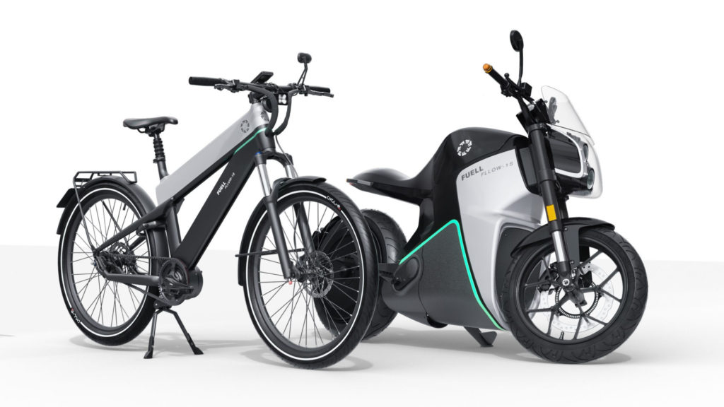 A FUELL Flluid-1S electric bicycle (left) and a FUELL Fllow electric motorcycle (right). Photo courtesy FUELL.