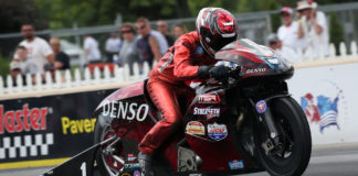 Matt Smith won the NHRA Pro Stock National in Norwalk, Ohio, on a Buell. Photo courtesy NHRA.