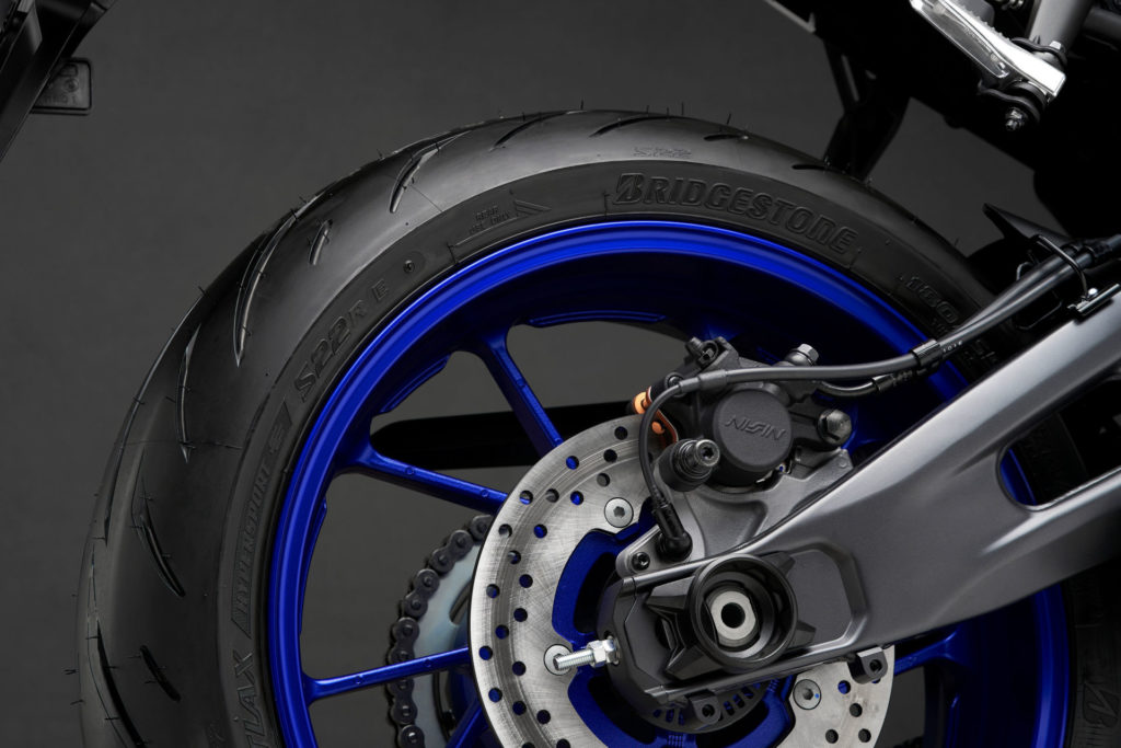 A Bridgestone BATTLAX HYPERSPORT S22 rear tire on a 2022-model Yamaha YZF-R7. Photo courtesy Yamaha.