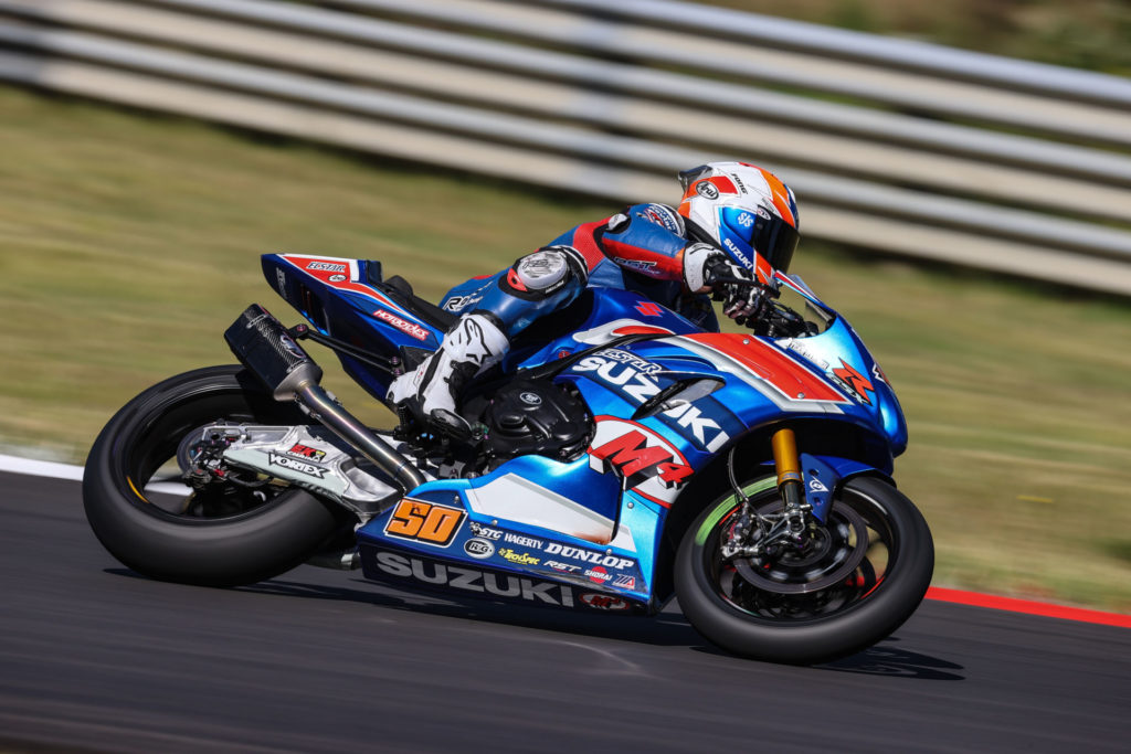 Bobby Fong (50) raced hard in tough conditions and is looking forward to Laguna Seca. Photo by Brian J. Nelson, courtesy Suzuki Motor USA.