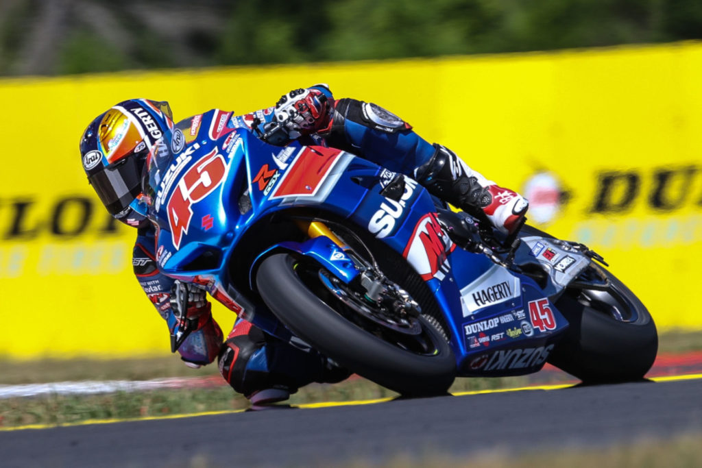 Cam Petersen (45) earned an impressive third straight Superbike podium finish on his GSX-R1000. Photo by Brian J. Nelson, courtesy Suzuki Motor USA.