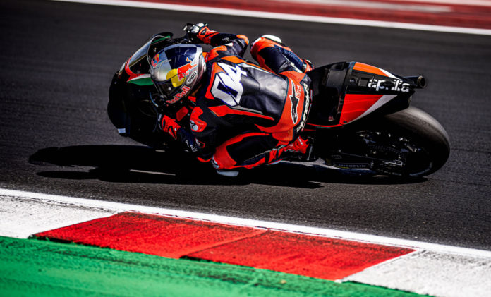 Andrea Dovizioso testing an Aprilia RS-GP at Misano. Photo courtesy Aprilia.