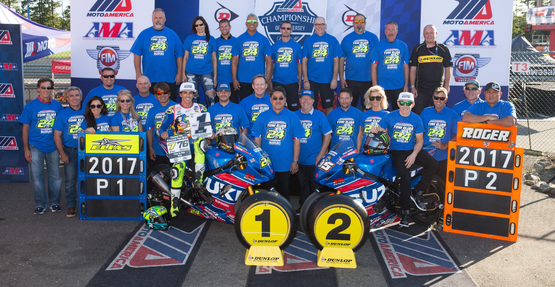 Hans Laske (back row, far left) was a long-time truck driver and crew member for Yoshimura Suzuki. This photo is from 2017 when Yoshimura Suzuki's Toni Elias and Roger Hayden went 1-2 in the MotoAmerica Superbike Championship. Photo by Brian J. Nelson.
