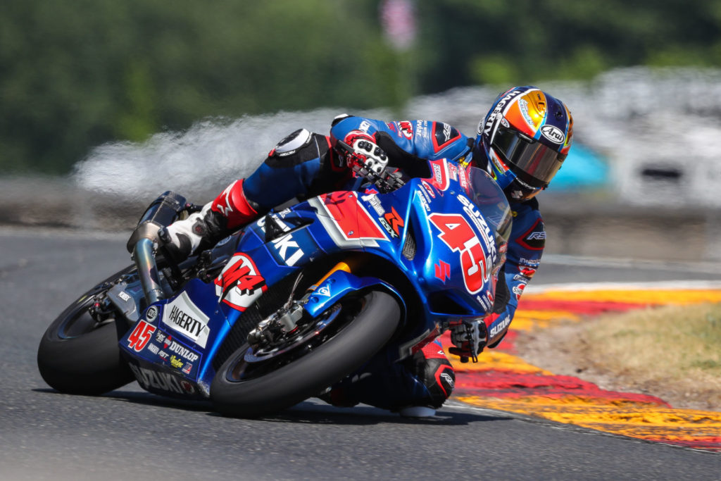 Cam Petersen (45) delivered an impressive performance with two Superbike podium finishes. Photo by Brian J. Nelson, courtesy Suzuki Motor USA.