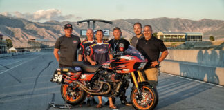 Michael Barnes (center) and the Hoban Brothers Racing/ DTF Performance race team dominated the Bagger Racing League Premier Bagger GP race weekend. Photo by Derek Cloutier/Wicked Windage Photography, courtesy Harley-Davidson.