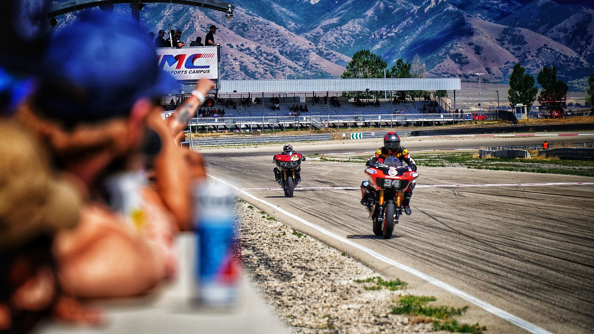 Michael Barnes (34) set the pole position, led every lap, and beat Tyler O’Hara (29) to the finish line by 0.356 seconds in the Bagger Racing League Premier Bagger GP race. Photo by Derek Cloutier/Wicked Windage Photography, courtesy Harley-Davidson.