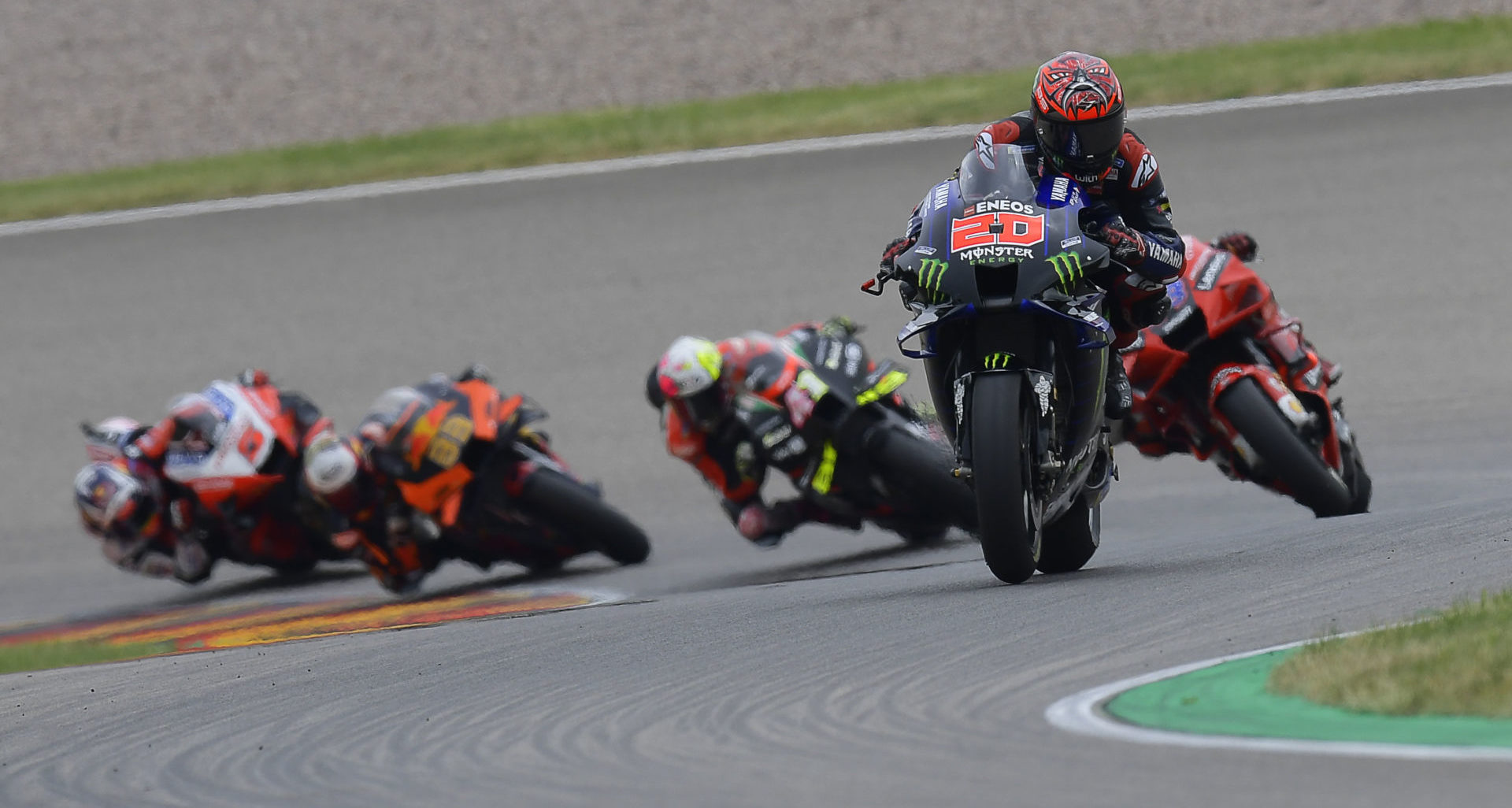 Fabio Quartararo (20) leading a group of riders during the MotoGP race at Sachsenring. Photo courtesy Dorna.