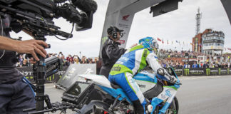 Dean Harrison prepares to launch during the 2019 Isle of Man TT. Photo courtesy Isle of Man TT Press Office.