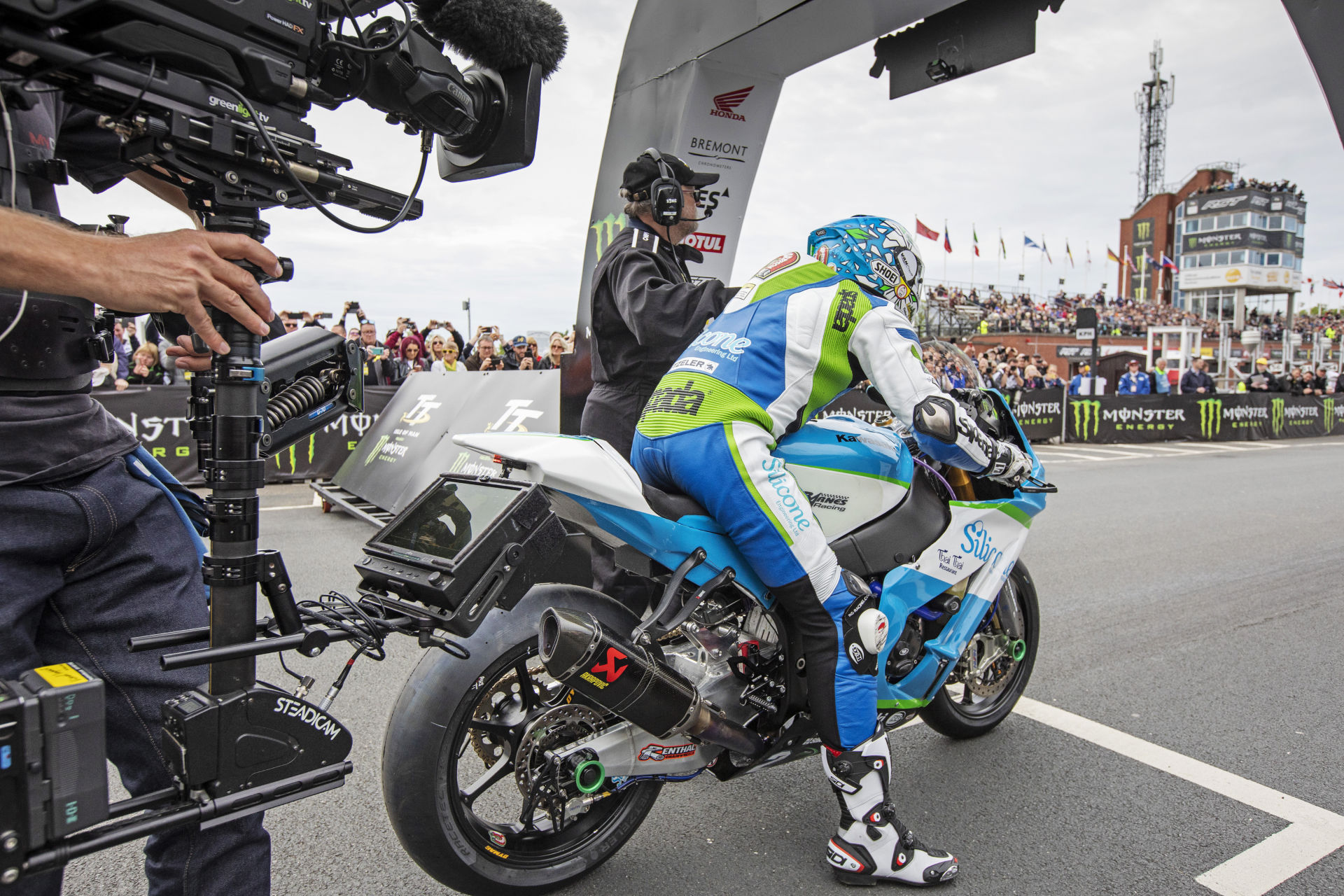 Dean Harrison prepares to launch during the 2019 Isle of Man TT. Photo courtesy Isle of Man TT Press Office.