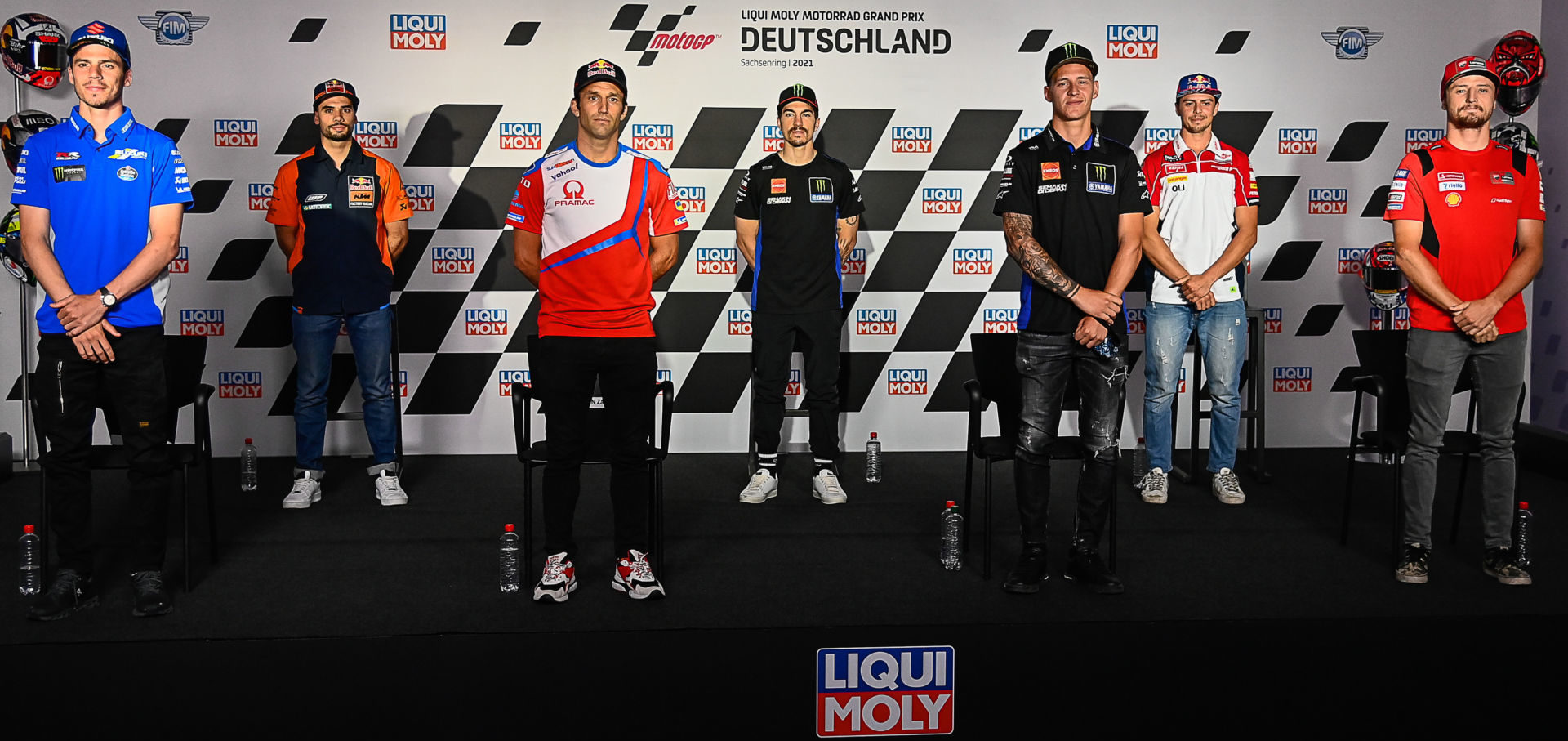 (From left) Joan Mir, Miguel Oliveira, Johann Zarco, Maverick Viñales, Fabio Quartararo, Fabio Di Giannantonio and Jack Miller. Photo courtesy Dorna.