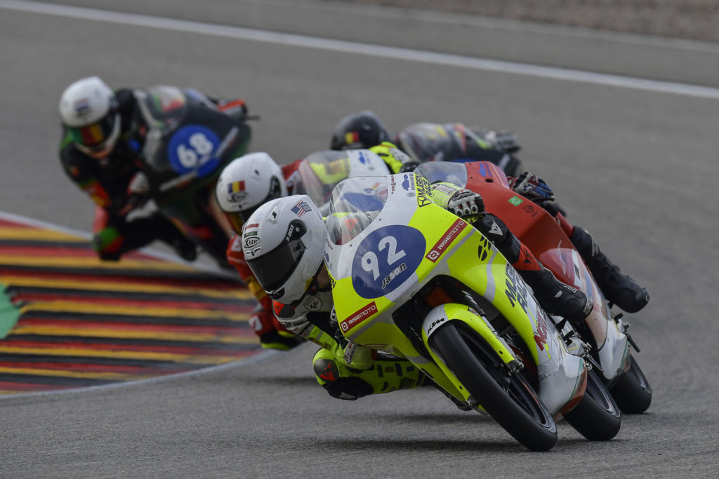 Hungarian-American Rossi Moor (92) leading Northern Talent Cup Race One at Sachsenring. Photo courtesy Dorna.