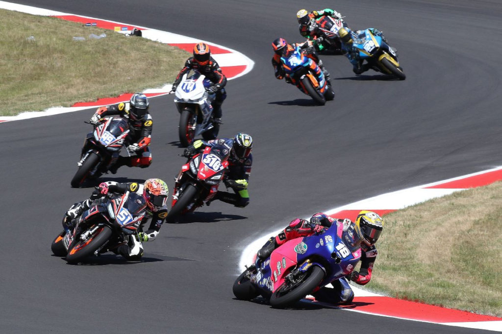 Jackson Blackmon (18) leads early in Twins Cup Race One. Photo by Brian J. Nelson, courtesy MotoAmerica.