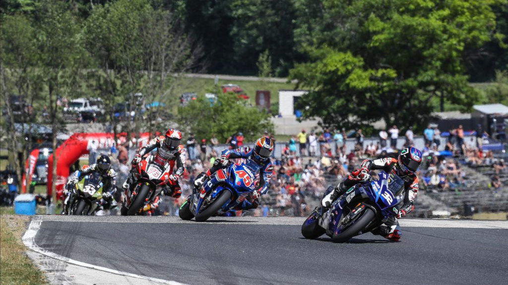 Jake Gagne (32) leads Cameron Petersen (45), Loris Baz (76) and Kyle Wyman (33) early in MotoAmerica Superbike Race Two. Photo by Brian J. Nelson, courtesy MotoAmerica.