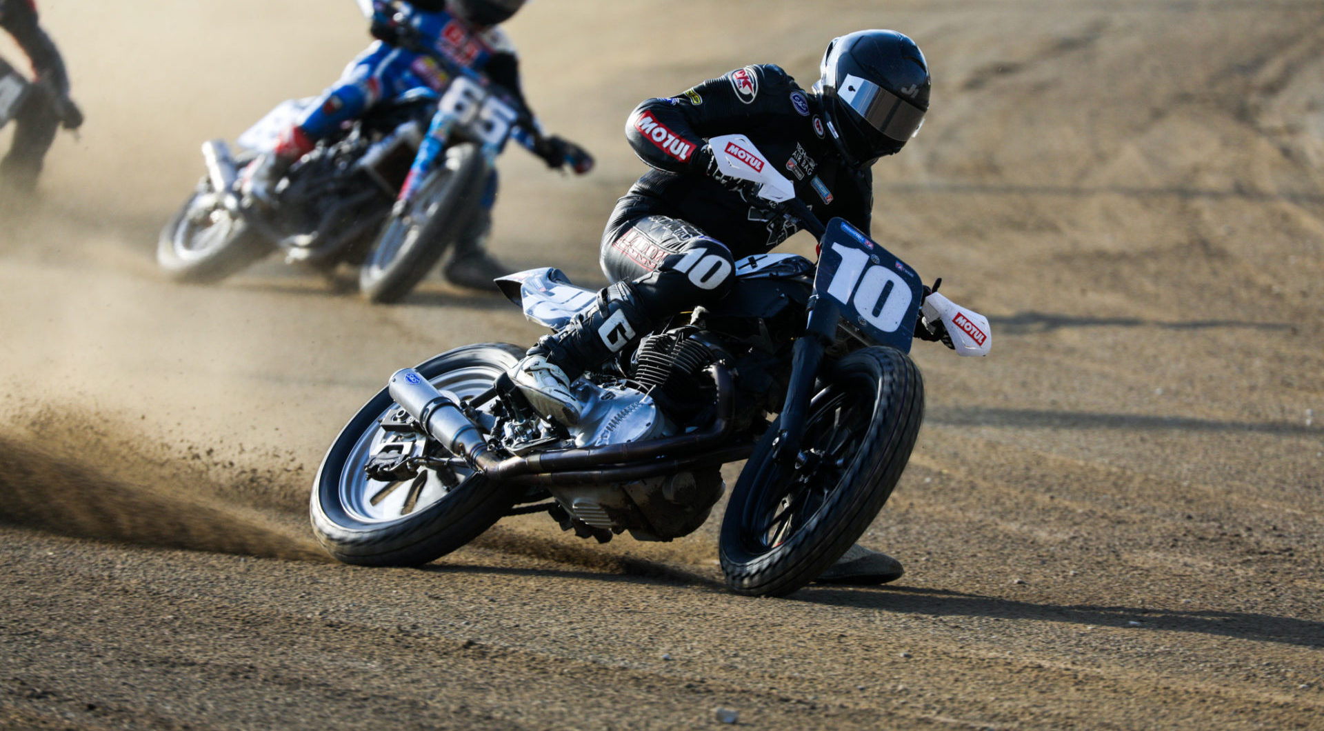 Johnny Lewis (10) in action on his Royal Enfield at the Lima Half-Mile. Photo by Scott Hunter, courtesy AFT.