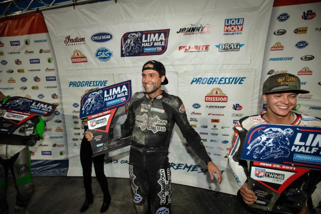 Johnny Lewis (center) on the podium at the Lima Half-Mile. Photo courtesy Royal Enfield North America.