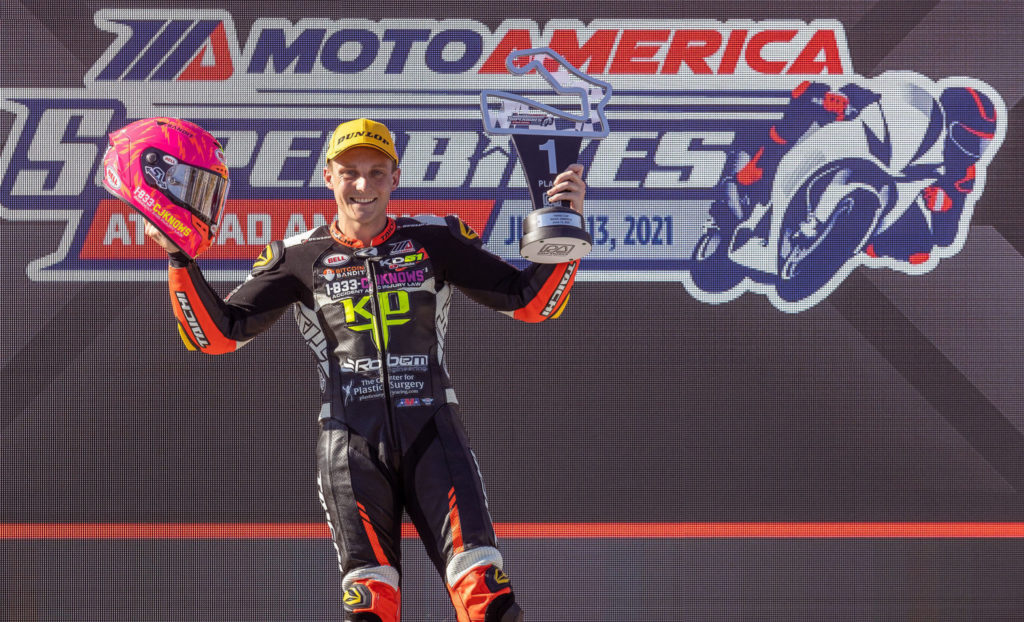 Kaleb De Keyrel on the Twins Cup podium at Road America. Photo courtesy Aprilia.