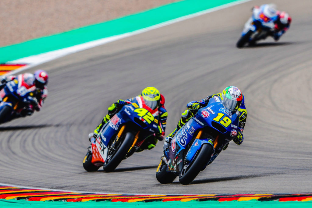 Lorenzo Dalla Porta (19) leads Marcos Ramirez (42) and Cameron Beaubier (6) at Sachsenring. Photo courtesy Italtrans Racing.