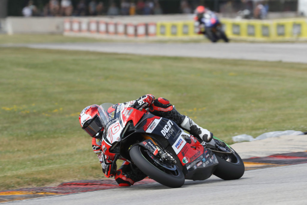 Loris Baz (76) at speed at Road America. Photo courtesy Ducati North America.